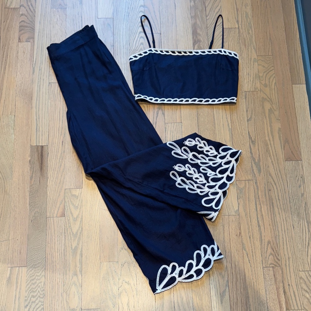 Christian Lacroix Navy and White Wide Leg Crop Top and Pant Set